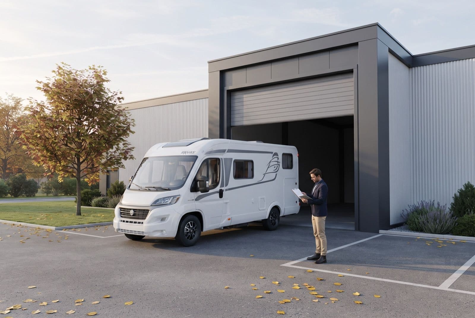 Wohnmobil vor einer geöffneten Garagenbox von Mega Mietpark zur Einlagerung über den Winter
